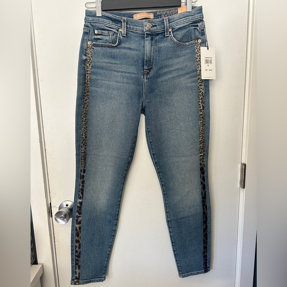 7 For All Mankind Blue Skinny Ankle Jeans with Leopard Side Stripe